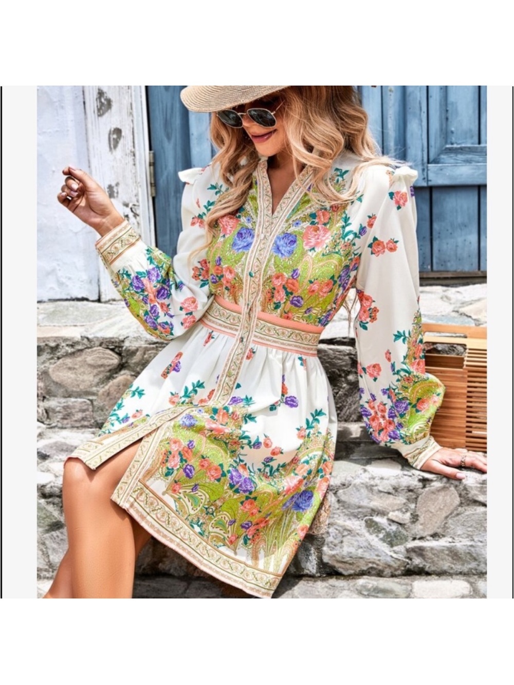 Privé Floral Print Notched Neckline Lantern Sleeve Dress